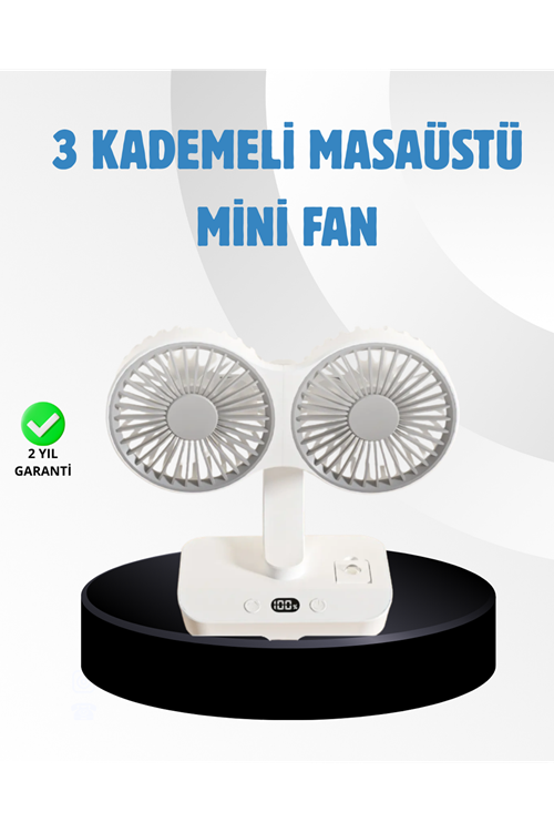 Sessiz Çalışan USB Şarjlı Çift Kafalı Masaüstü Fan – Ev ve Ofis İçin