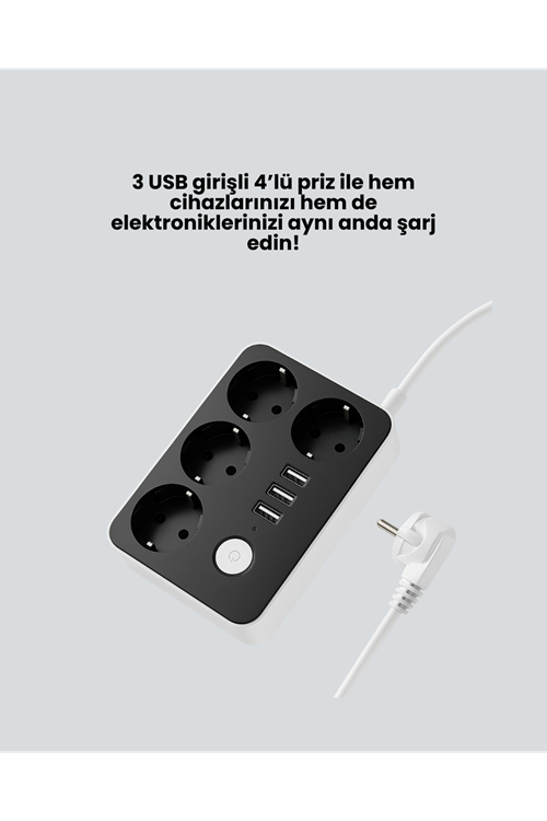 4 Prizli 3 USB Portlu Anahtarlı Akım Korumalı Priz