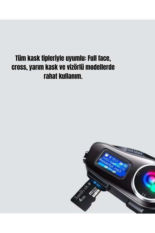 LCD Ekranlı Bluetooth Kask Kulaklığı FM Radyo ve SD Kart Girişli