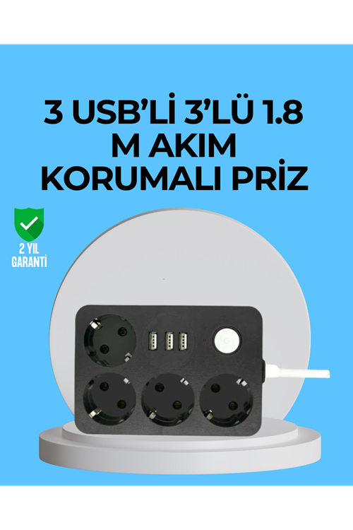 3 USB Çıkışlı 4’lü Akıllı Priz 2500W 2 Metre Kablo