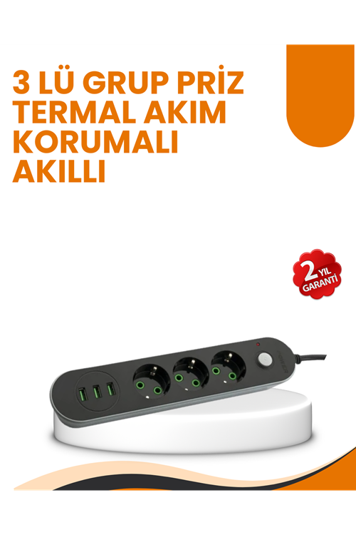 2 Metre Kablolu 3 USB Portlu Anahtarlı Üçlü Priz