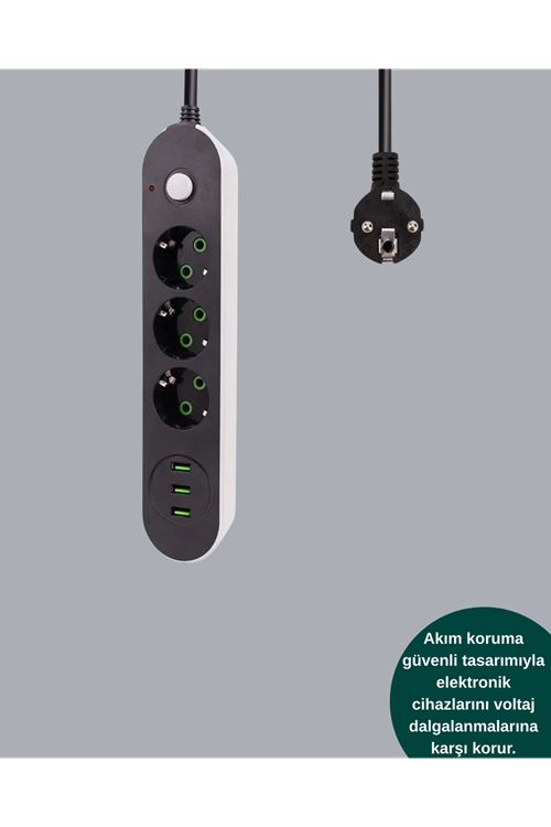 2 Metre Kablolu 3 USB Portlu Anahtarlı Üçlü Priz