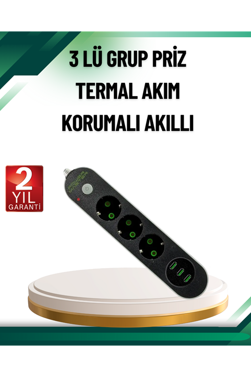 Akım Korumalı Anahtarlı USB Girişli Üçlü Priz