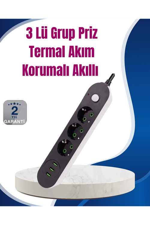 3 USB Çıkışlı Hızlı Şarjlı Anahtarlı Üçlü Priz