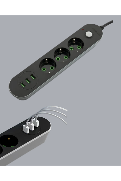 3 USB Çıkışlı Hızlı Şarjlı Anahtarlı Üçlü Priz