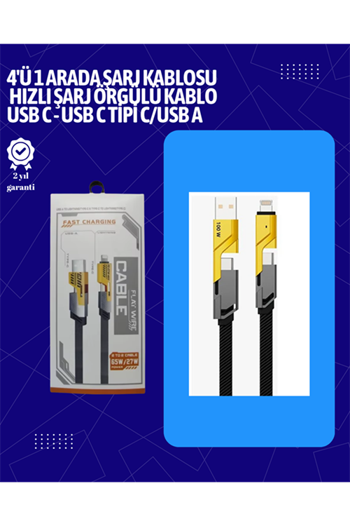 USB-C ve Lightning Uyumlu 4'ü 1 Arada Kablo – 65W Hızlı Şarj, Örgülü Dayanıklı Yapı