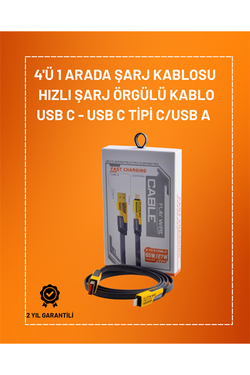 4'ü 1 Arada USB Hızlı Şarj ve Veri Kablosu – 65W Güç, Çoklu Bağlantı, 1.2m