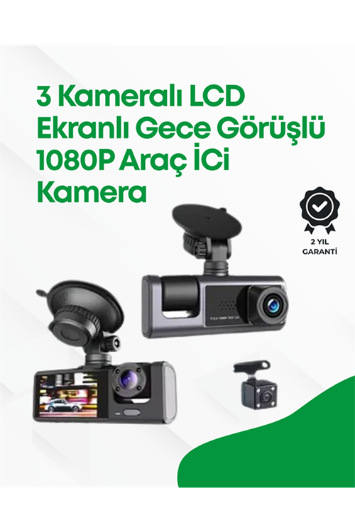 2.0” LCD Ekranlı, Döngüsel Kayıt Özellikli Üç Kameralı Oto Kamera