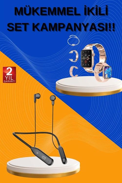Kablolu Bluetooth Kulaklık ve Kadınlara Özel Bileklik Hediyeli Yeni Nesil Akıllı Saat 3 Kordonlu