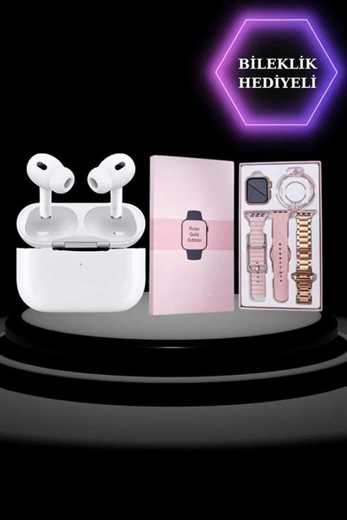 3 Kordonlu Pembe Amoled Ekran Akıllı Saat ve Yeni Nesil Pro Kablosuz Bluetooth Kulaklık ANC/ENC