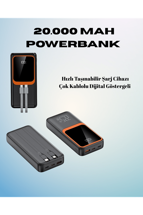 20000 mAh Powerbank | Çok Kablolu, Dijital Göstergeli, Yüksek Hızlı Şarj Cihazı