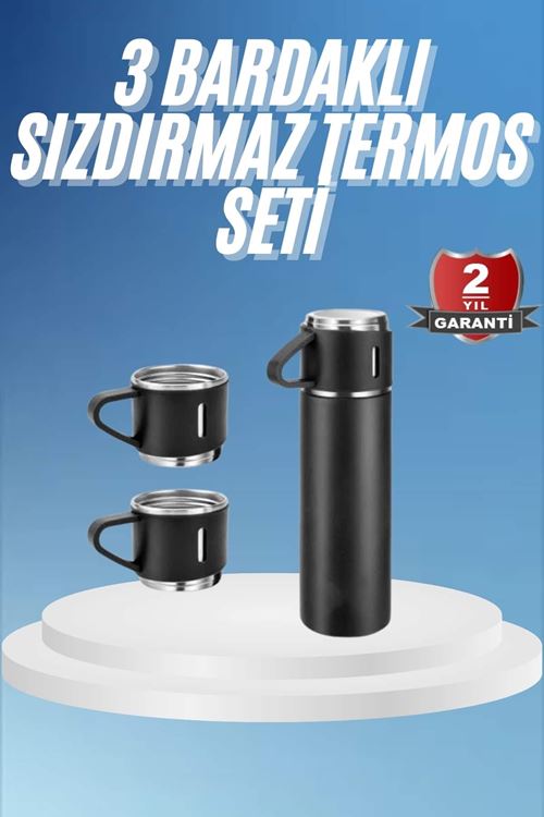 Termos Paslanmaz Çelik Termos Siyah Renk 3 Bardaklı Termos Seti