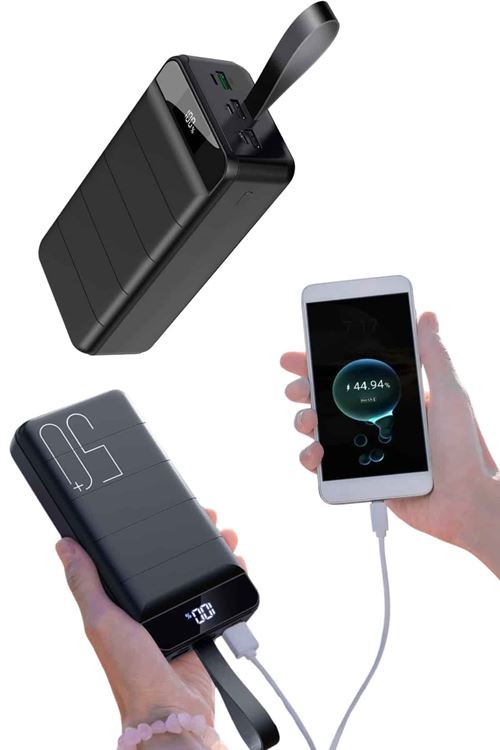 Taşınabilir Powerbank 50.000 mAh 4 Girişli Hızlı Şarj Led Göstergeli Fenerli Şarj