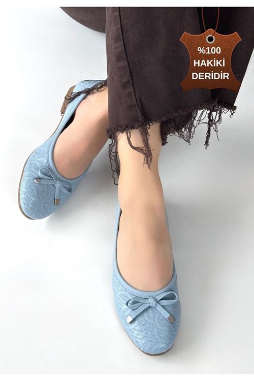 Jnues Mavi Hakiki Deri Babet Ayakkabı
